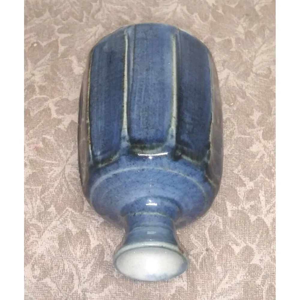 Ikebana Bottle Vase Japanese Mashiko Ware blue Glaze octagon unique HTF ?VTG
